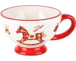 Dekoratief | Mok op voet m/schommelpaardje, wit/rood, dolomiet, 18x15x10cm | A245980