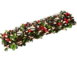 Dekoratief | Tafelstuk m/hout/besjes, rood/groen/naturel, 49x13x7cm | A255598