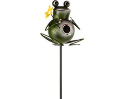 Dekoratief | Tuinprikker kikker vogelhuisje, groen, metaal, 20x115cm | A260482
