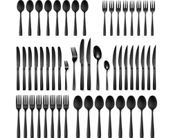 Deleca 12 Persoons Bestekset Essential (72-delig) - Lepels, Messen, Vorken, Steakmessen & Gebaksvorkjes - Vaatwasserbestendig Bestek - Glanzend Zwart / Edelstaal