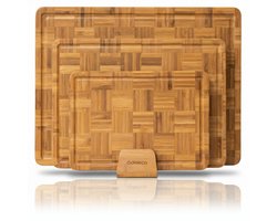 Deleca 3-delige Snijplankenset Bali met Houder - Snijplanken (40x30 | 33x24 | 26x18 cm) - Voor Japandi Keuken - Serveerplank, Kaasplank, Borrelplank, Snijplank en Tapasplank - Gecarboniseerd FSC Bamboe