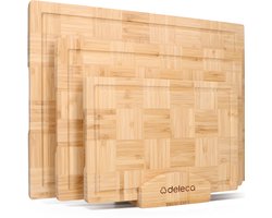 Deleca 3-Delige Snijplankenset met Houder (40x30 / 33x24 / 26x18 cm) - Voor Keuken, Snijplanken, Serveerplank, Kaasplank, Borrelplank en Tapasplank - Japandi Stijl - Snijplank Bamboe Hout