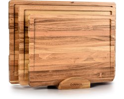 Deleca 3-Delige XL Snijplankenset met Houder - (43x30 / 38x28 / 33x25 cm) - Snijplanken voor Keuken - Snijplank, Serveerplank, Kaasplank, Borrelplank en Tapasplank - Teak Hout