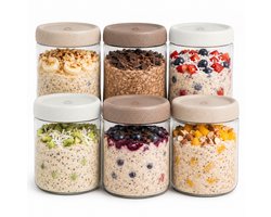 Deleca 6x Overnight Oats Potjes van Glas - Glazen Voorraadpotten met Deksel - Muesli Beker / Yoghurtbeker / Jampotjes - Ontbijt & Lunch - Luchtdicht Sluitsysteem - 500 ml