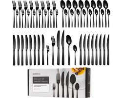 Deleca 8 Persoons Bestekset Essential (48-delig) - Lepels, Messen, Vorken, Steakmessen & Gebaksvorkjes - Vaatwasserbestendig Bestek - Glanzend Zwart / Edelstaal