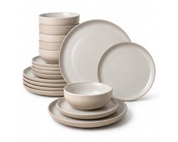 Deleca Serviesset 6 Personen Serra - 18-delig - Aardewerk - Grote en Kleine Borden met Schaaltjes - Keramiek Bordenset & Soepkommen - Japandi Stijl - Soft Beige