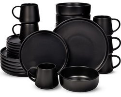 Deleca Serviesset 6 Persoons Kyoto (24-delig) - Koffiekopjes met oor / Schaaltjes / Grote Borden en Kleine Bordenset - Japandi stijl - Massief Keramiek Aardewerk - Mat Zwart