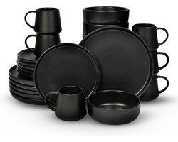 Deleca Serviesset 6 Persoons Kyoto - Koffiekopjes met oor / Schaaltjes / Grote Borden en Kleine Bordenset - Japandi stijl - Massief Aardewerk / Keramiek - Mat Zwart / 24-delig