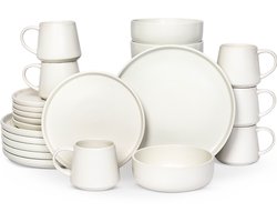 Deleca Serviesset 6 Persoons Kyoto - Koffiekopjes met oor / Schaaltjes / Grote Borden en Kleine Bordenset - Kerst 2025 - Japandi stijl - Massief Aardewerk - Mat Wit / 24-delig