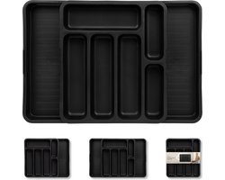Deleca Uitschuifbaar Bestekbak met 8 Vakken - Besteklade Organizer - Keukenlade Bestek Organiser - Bestekhouder Keuken - 53 x 35 cm - Kunststof / Zwart