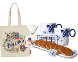 Delfts blauw - Luxe Geschenkset - Mokken - Serveerschaal - Stroopwafels - Souvenirs Nederland - Cadeau vrouw