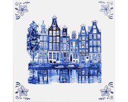 Delfts blauw tegeltje met Amsterdamse grachtenpandjes - delfts blauw wandbord - delftsblauw - hollandse cadeautjes - wanddecoratie - decoratieve accessoires