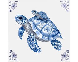 Delfts blauw tegeltje Schildpad met baby - delfts blauw wandbord - delftsblauw - hollandse cadeautjes - wanddecoratie - decoratieve accessoires