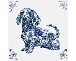 Delfts blauw tegeltje Teckel - delfts blauw wandbord - delftsblauw - hollandse cadeautjes - wanddecoratie - decoratieve accessoires