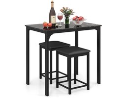 Delightness Bartafelset - Met 2 Barstoelen - Bar Tafel - Keuken Tafel - Meubelset - Krukken - 90x60x83cm - Marmer - Zwart