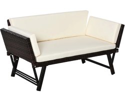 Delightness Buitenbank - Tuinbank - Rotan - Tuinmeubel - Tuin - Buiten - 2 Persoons - Tuinbed - Verstelbaar Naar Bed - Bruin