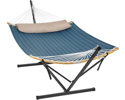 Delightness Hangmat Met Standaard - Hangdoek - Hangstoel - Met Kussen - Tuin - Buiten - Tot 200kg - 400x100x90cm - Blauw - Zwart