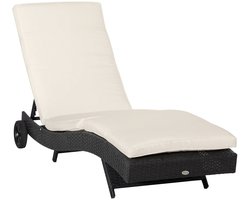 Delightness Ligbed - Tuinbed - S Vormig - Verstelbaar - Met Wielen - Buiten - Tuinmeubel - Tuin - Rotan - Beige Kussen - Zwart