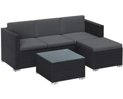 Delightness Loungeset - Buitenlounge Hoekbank - Tuinmeubel - Met Kussens - Bijzettafel - Met Glasplaat - 4 Delig - Zwart