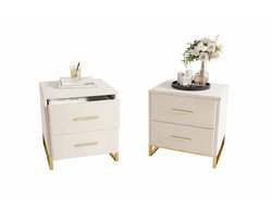 Delightness Nachtkastje - Nachtkastjes Set Van 2 - Bijzettafel - Slaapkamer - Nachtkastje Staand - 2 Lades - Beige - Goud