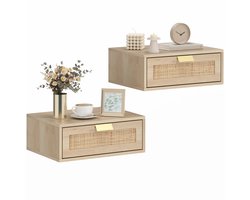 Delightness Nachtkastje - Nachtkastjes Set Van 2 - Nachtkastje Hangend - Wand Nachtkastje - Slaapkamer - Lade - Eiken - Beige