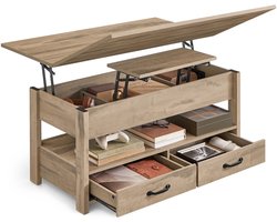 Delightness Salontafel - Bijzettafel - Uitklapbaar - Opbergruimte - In Hoogte Verstelbaar - Met Lades - 114x58x45cm - Licht Bruin