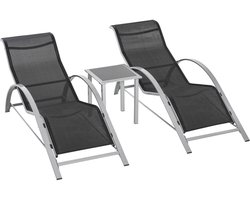 Delightness Tuinmeubelset - 2 Ligbedden - Tuinstoel - Ligbed - Bijzettafel - Tuin - Buiten - 3 Delig - 169x59x66cm - Zwart