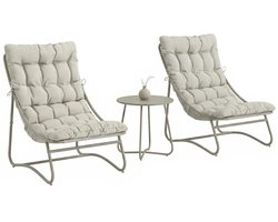 Delightness Tuinmeubelset - Bijzettafel - Terrastafel Set - 2 Stoelen - 3-delige - 2 Personen - Kussens - Buiten - Licht Grijs