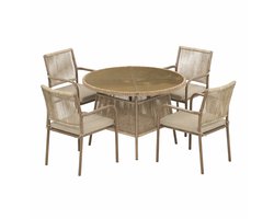 Delightness Tuintafelset - Tuinmeubelset - Tuintafel - Tuinstoelen - Tuinset - Ronde Glazen Tafel - 4 Stoelen - Buiten - Beige