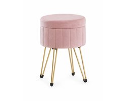Delightness Zitkruk - Krukje - Stoeltje - Poef - Met Opbergruimte - Fluweel - 39x39x44,4cm - Metalen Gouden Poten - Roze