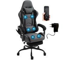 Delman Ergonomische Gamingstoel met Massagefunctie – 6 Vibratiepunten, Hoofdkussen & Lendenkussen, Uitschuifbare Voetsteun, Stofbekleding, Metalen Basis, Verstelbare Hoogte & Rugleuning, 360° Draaibaar, 150kg Belastbaar, met Zijvak