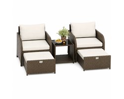 DeltaMerch Tuinset - Tuinmeubelen - Loungeset 2 persoons - Weerbestendig - Incl. voetenbankjes, tafel en kussens - Beige
