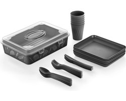 Dempa - 32 delig picknickset voor 6 personen, BPA-vrij, campingservices, vork, mes, lepel, bord, beker, picknickmand, picknicktassen - Zwart