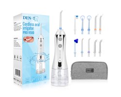 DEN-T® Waterflosser PRO V500 - 300ML - 5 standen - 10 Opzetstukjes - Monddouche - Flosapparaat - Wit -