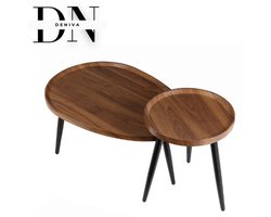Deniva - Salontafel - Set van 2 - Hout - Rond - Ovaal - Bijzettafels - Metalen Poten - salontafel rond - bijzettafels woonkamer