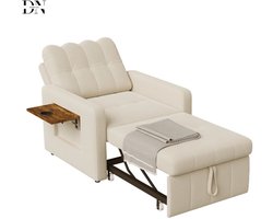 Deniva - Slaapbank - 3 in 1 Slaapstoel - Klaptafel - Zijvakken - Fauteuils - Uittrekbaar - Eenpersoons - 190 cm - 300Kg - Beige