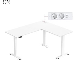 Deniva - Zit Sta Bureau - In Hoogte Verstelbaar Hoekbureau - L vorm - 140x160 cm - Met USB & Stopcontact - Geheugenfunctie - Wit