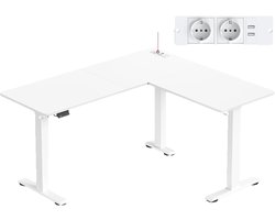 Deniva - Zit sta bureau - In Hoogte Verstelbaar Hoekbureau - L vorm - 140x160 cm met USB & Stopcontact- wit - werkbureau