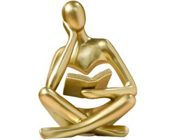 Denker Beeldje - Lezende Figuur - Woonkamer Decoratie - Abstracte Kunststijl - 11.5 x 8.6 cm - Goud