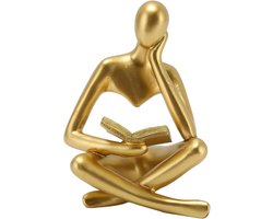 Denker Lezen Standbeeld - Zittend Beeldje Boek - Woonkamer Decoratie - Abstracte Hars Sculptuur - 16x13x10 cm - Goud