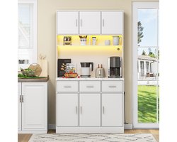 DENMOSTY Buffetkast Vrijstaand - Multifunctionele Keukenkast met APP-Gestuurde LED-Verlichting en Stopcontacten - 6 Deuren en 3 Laden - Verstelbare Planken - Voor Keuken en Eetkamer - 100 × 40 × 180 cm - Wit