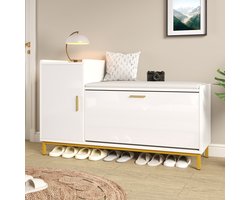 DENMOSTY Multifunctionele Schoenenbank met 2 Opbergvakken en 1 Kast - Schoenenkast - Halbank met Gepolsterd Zitkussen en Opbergruimte - Metalen Voeten - Geschikt voor Hal, Gang, Woonkamer en Kantoor -100 x 68 x 38 cm - Wit + Goud