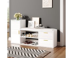 DENMOSTY Multifunctionele Schoenenkast met Bank - Schoenenbank met 2 Lades en 1 Kast - Schoenenrek met Opbergruimte - Halbank met Zitkussen - Hoogglans - Geschikt voor Woonkamer, Hal, Kantoor - Afmeting 128x30x68 cm - Wit
