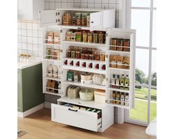 DENMOSTY Vrijstaande opbergkast 180 cm met verstelbare planken, lades, wijnrek en deuren met interne schappen, geschikt voor keuken, eetkamer en woonkamer, industriële stijl.