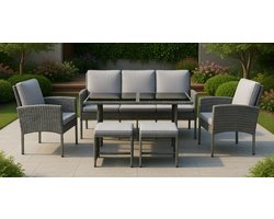 Denver Polyrattan Tuinset – 7-Persoons Lounge & Eettafelset met Glazen Tafel, Comfortabele Kussens en Weerbestendig Ontwerp – Tuin, Balkon, Terras & SerreMedahomestore