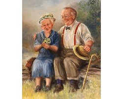 Denza - Diamond painting opa oma verliefd op een bank 40 x 50 cm volledige bedrukking ronde steentjes direct leverbaar - oud - ouderwets - vroeger - opoe - oma - bloem - geluk - in love