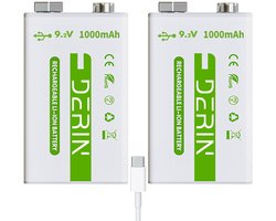 Derin USB-C 9V oplaadbare batterij 2-pack (1000 mAh), Snelladen met Kabel, 1000mAh Li-ion, Voor Rookmelders & Apparaten