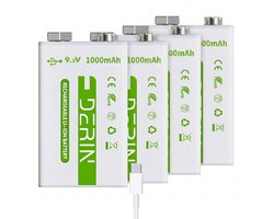 Derin USB-C 9V oplaadbare batterij 4-pack (1000 mAh), Snelladen met Kabel, 1000mAh Li-ion, Voor Rookmelders & Apparaten
