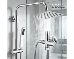DERW Max Doucheset Zonder kraan - 12 inch Regendouche - Complete Douchesysteem met Douchestang, Douchekop, Slang en Houder - Vierkant Doucheset - Waterbesparend - Chroom