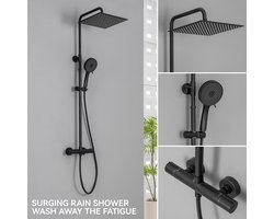 DERW Max Regendouche met Thermostaatkraan - Doucheset Zwart - Regendoucheset - Inclusief thermostaatkraan en planchet Zwart - 12 inch Douchekop